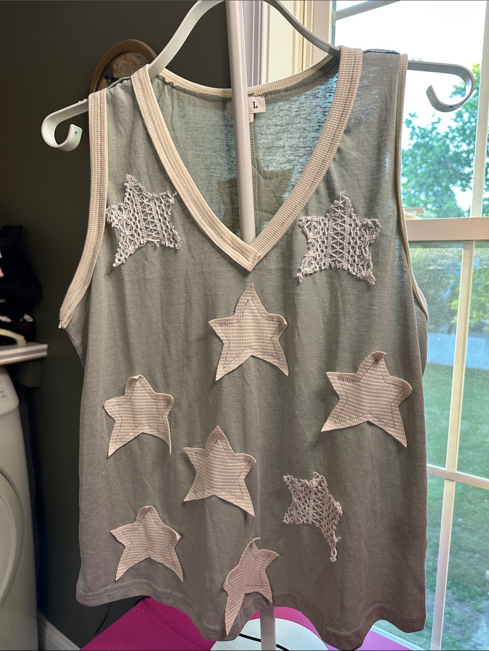 POL Light Sage Star-Embellished Sleeveless Top